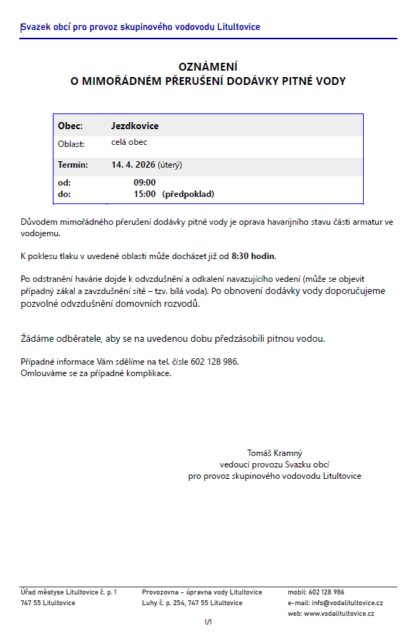 IInformace o&nbsp;mimořádné odstávce pitné vody   